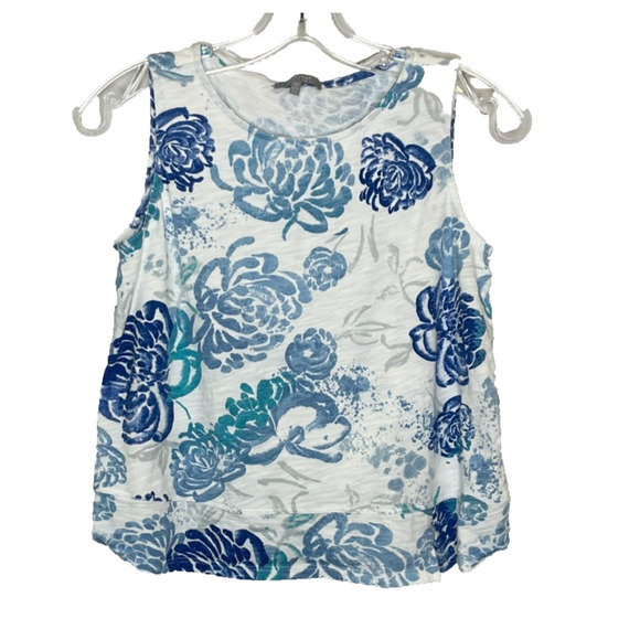 Habitat Tops - Women's XS Habitat Blue Floral Pattern Ruffle Cotton Tank Top